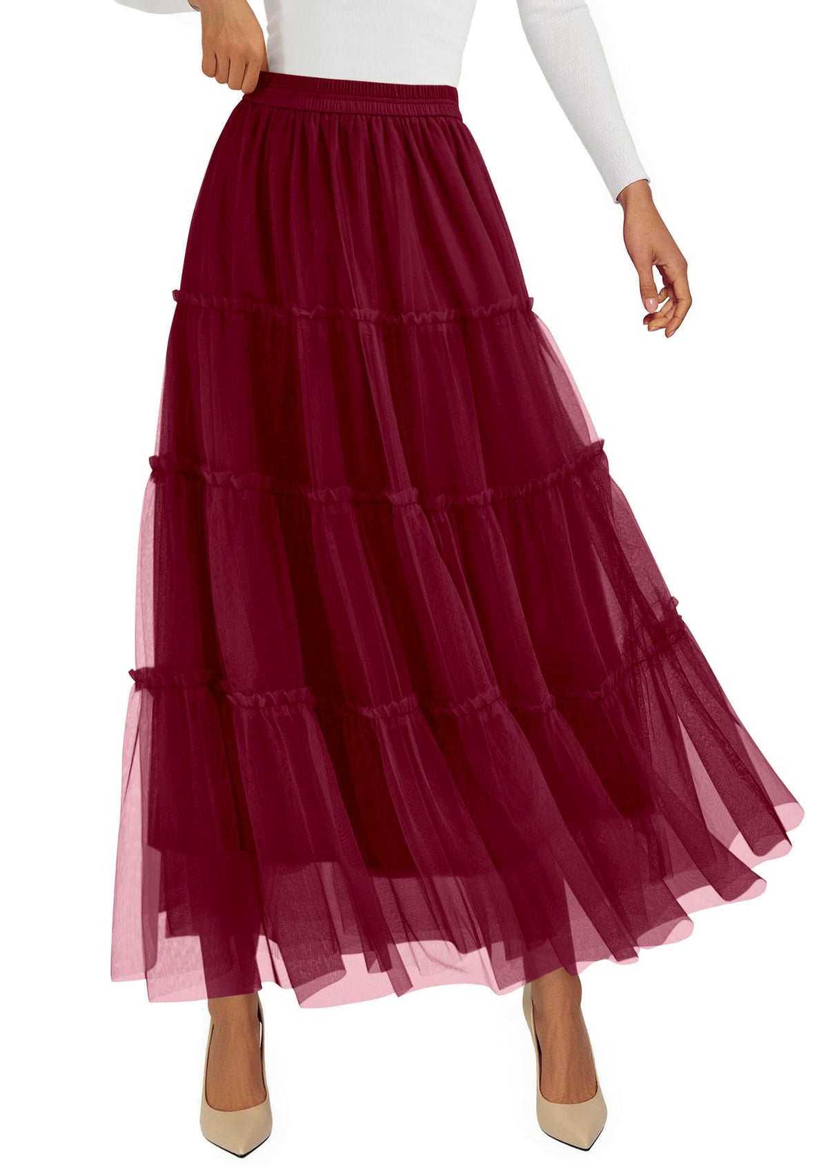 PRETTYGARDEN Women's Fall Soft Tulle Tiered Long Skirt