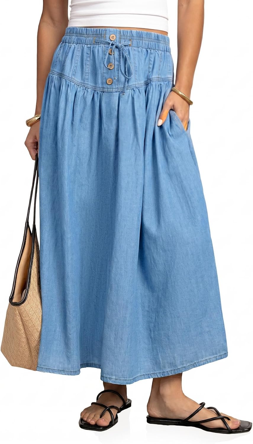 Flowyair Womens Drawstring High Waisted Denim Midi Skirts Casual A-Line Button Front Pleated Jean Long Skirts with Pockets