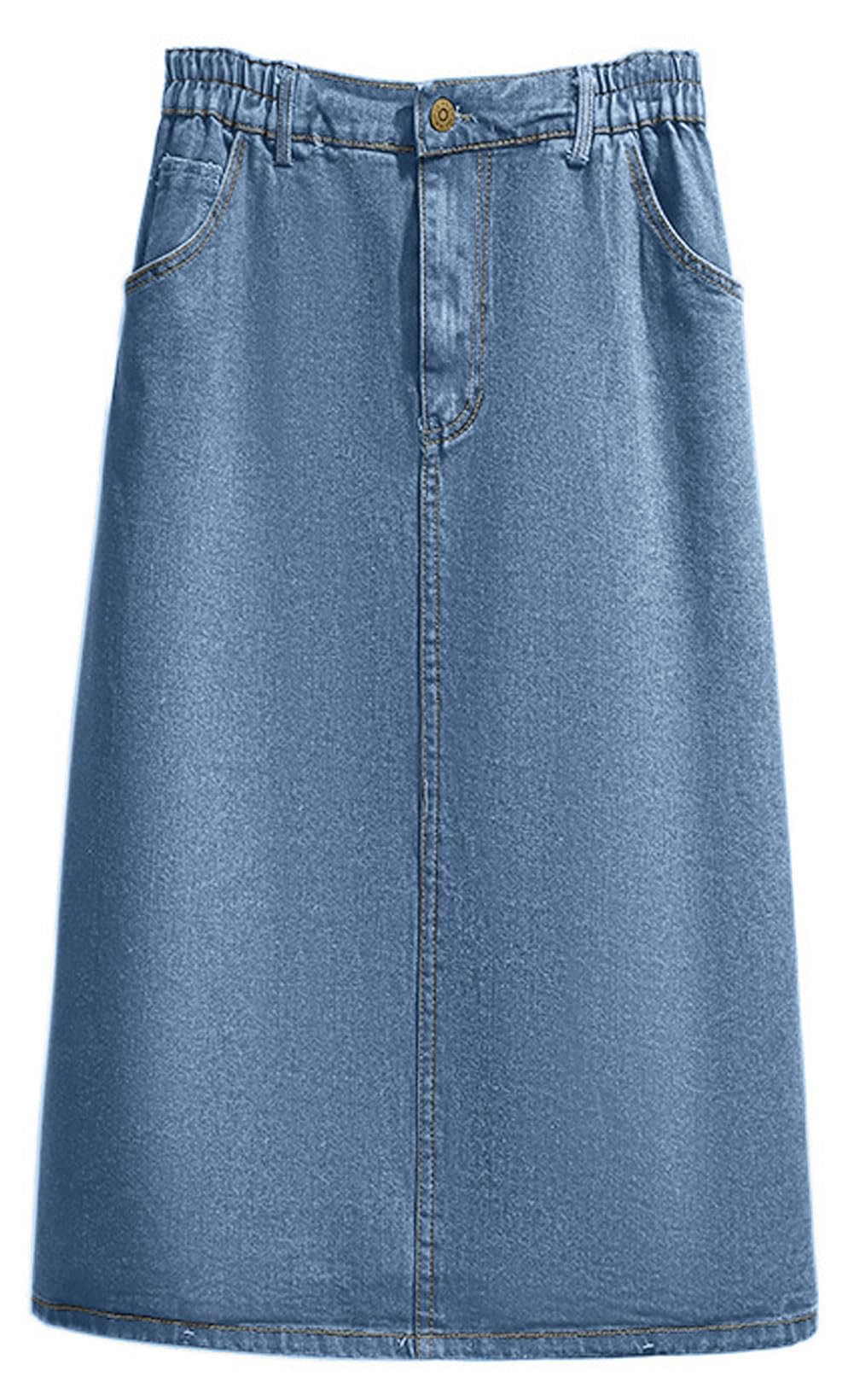 CHARTOU Women's Summer Casual Elastic Waist Pockets Work Midi Denim A Line Skirt