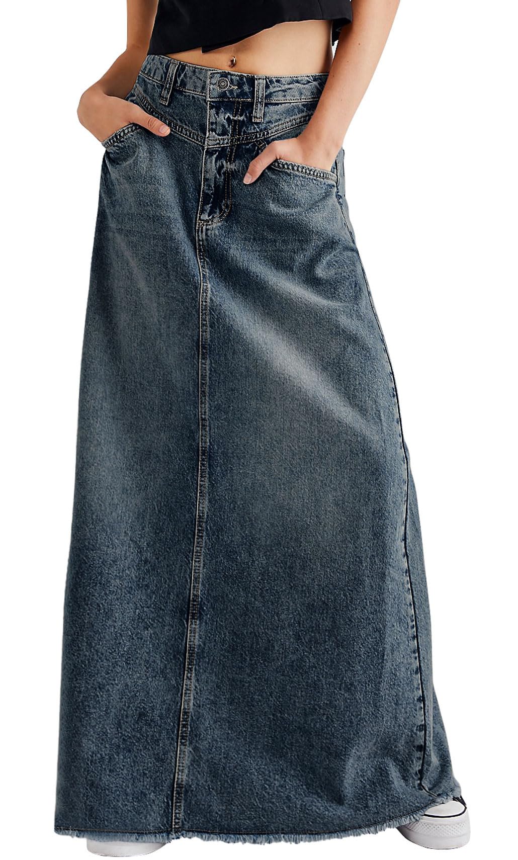 CHARTOU Women Vintage Denim Maxi Skirt Frayed Raw Hem High Waist A-Line Long Jean Skirt