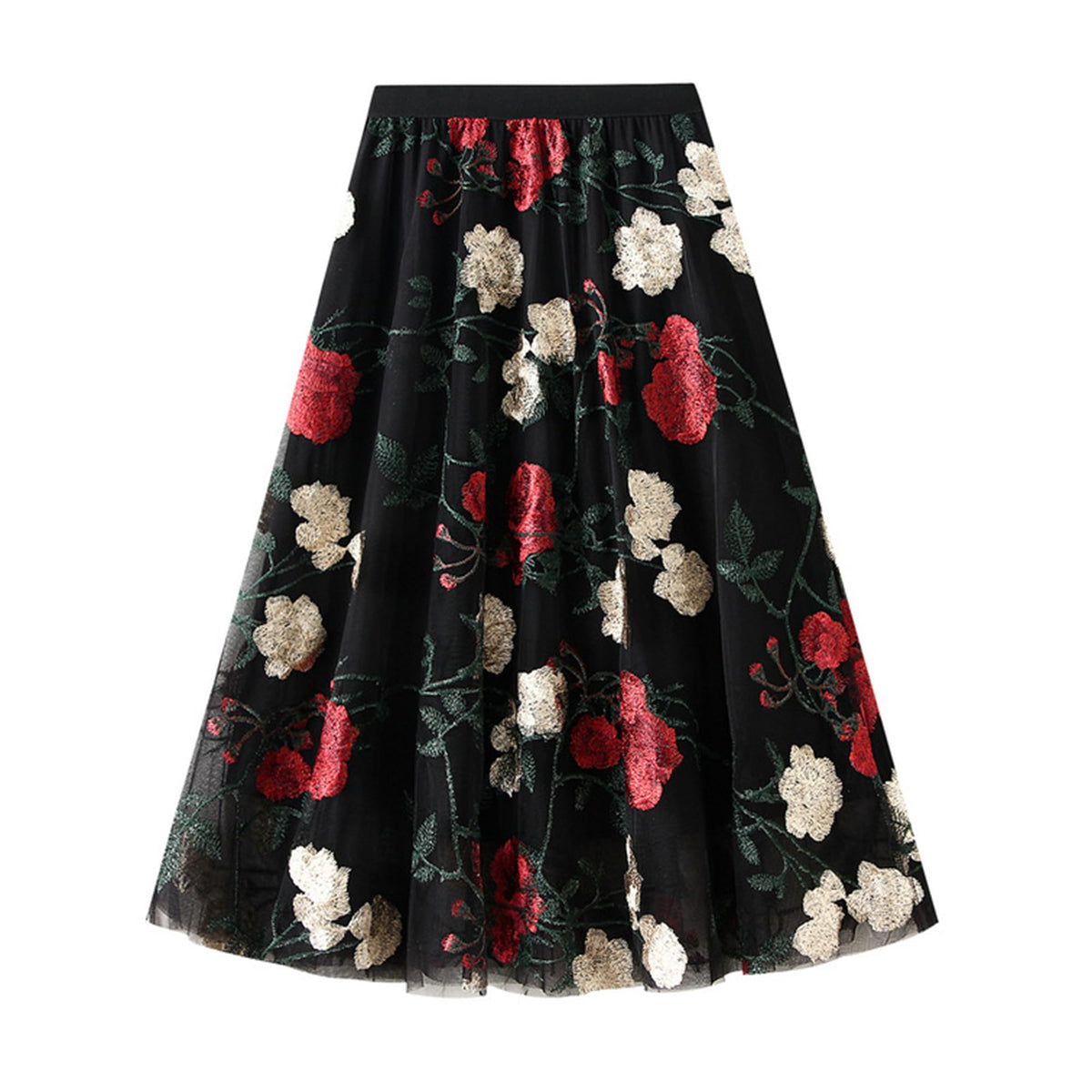 Dirholl Women's A-Line Fairy Patterned Elastic Waist Ruffle Tulle Layered Midi Skirt