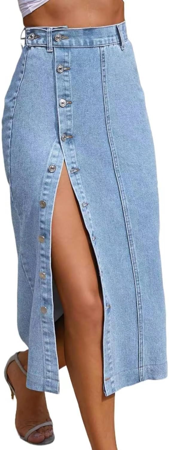 Women's Midi Jeans Skirt Side Slit Denim Skirt