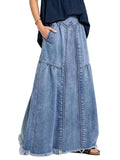 ebossy Women's High Waist A Line Frayed Maxi Long Denim Skirt with Pockets