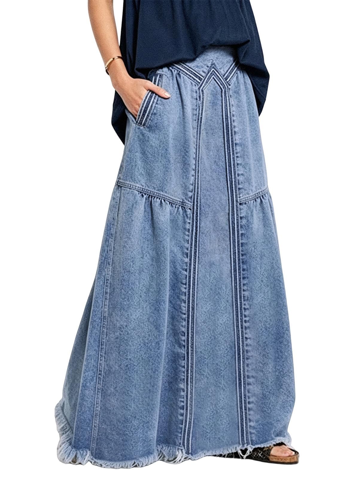 ebossy Women's High Waist A Line Frayed Maxi Long Denim Skirt with Pockets