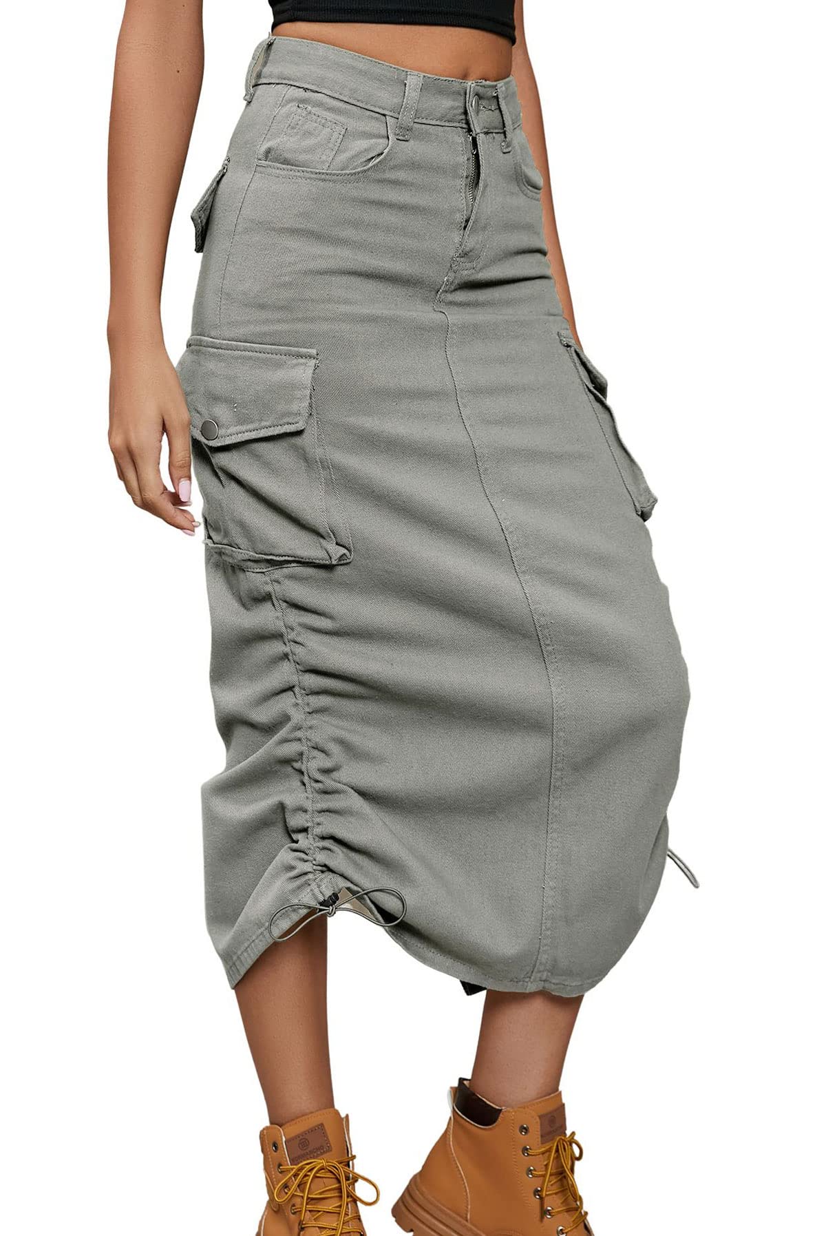 chouyatou Women's Y2K Cargo Skirt Jean Adjustable Casual A-Line Midi Long Denim Skirt