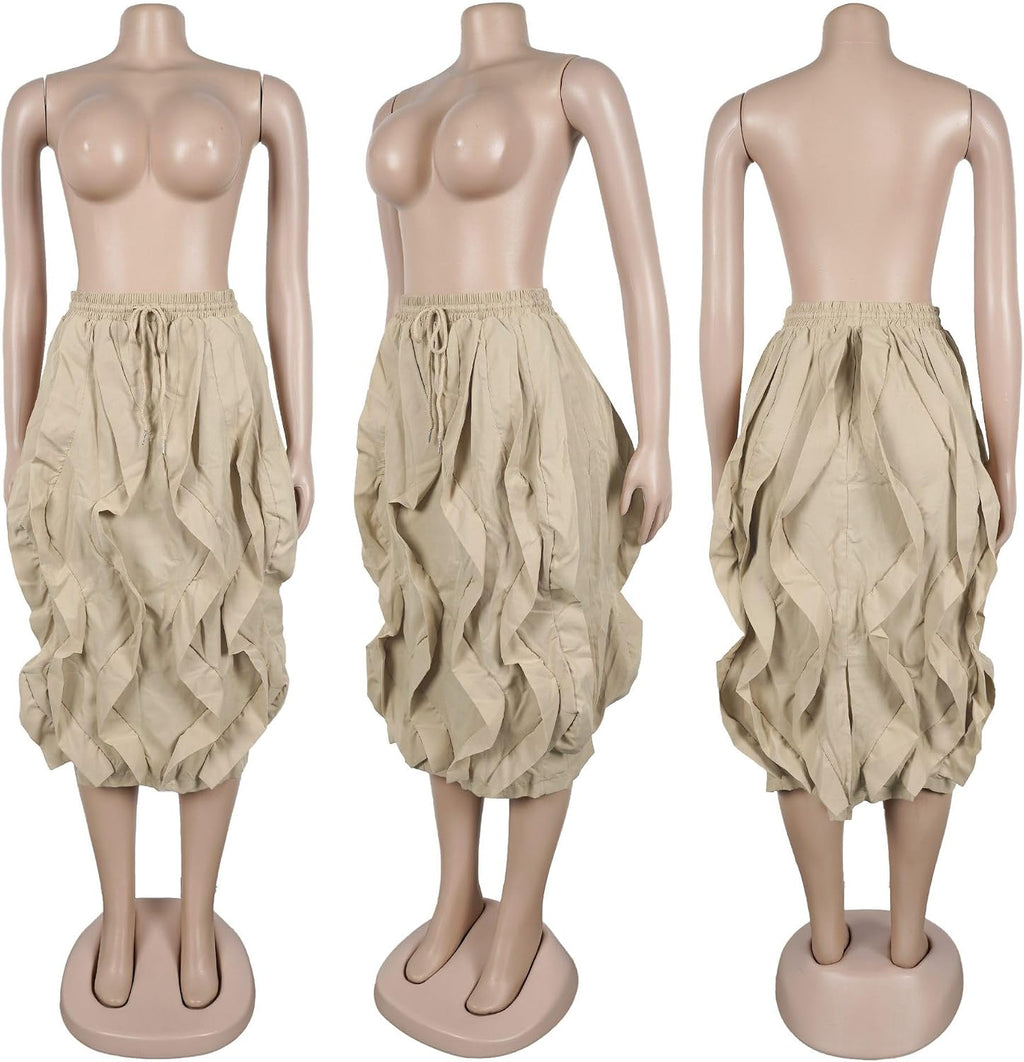 LROSEY Women Ruffle Cargo Skirt Y2k Novelty Drawstring Pleated Midi Skirts