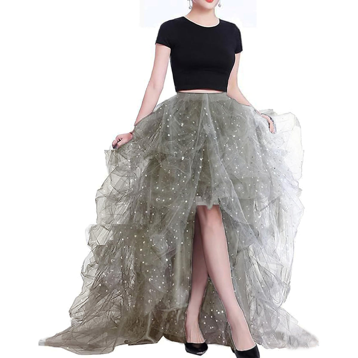 Lisong Women High Waist High Low Layered Tulle Floor Length Spectial Occasion Skirt