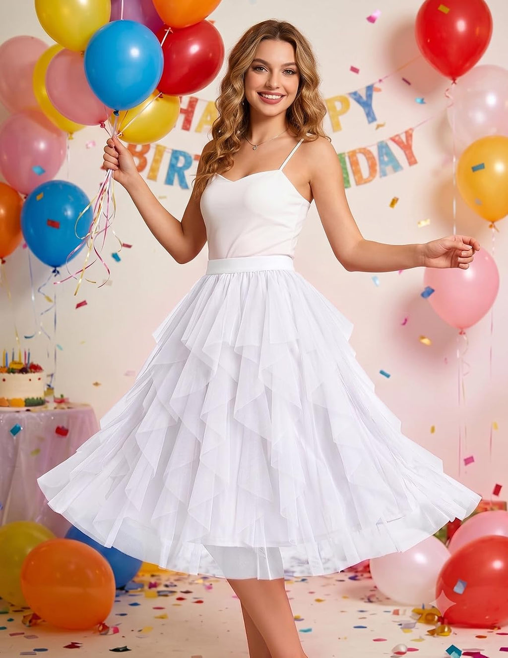 DRESSTELLS Women's Tulle Skirts, Midi Long A-line Elastic High Waist Fairy Tutu Skirt with Layered Ruffle