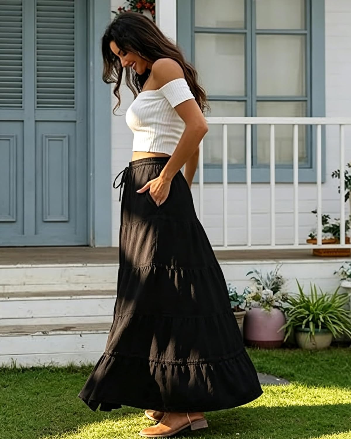 Bsubseach Women Boho Maxi Skirt High Slit Long Flowy Skirt with Pockets