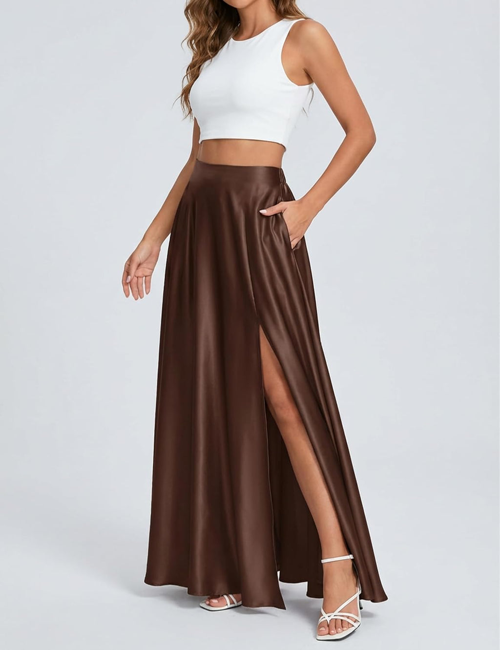 MAKABO Maxi Satin Skirts for Womens High-Waisted Side Slit with Pockets A-Line Long Skirts for Casual Daily Party