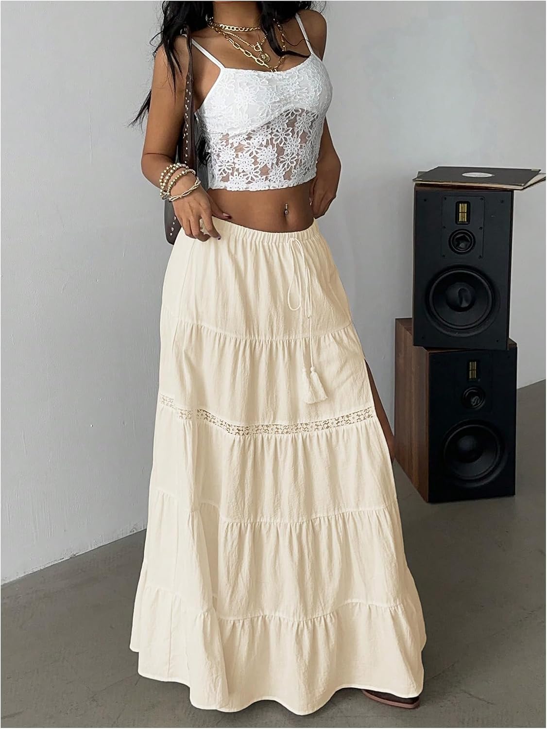 Verdusa Women's Long Maxi Skirts Boho Western Country Cncert Outfits Lace Skirt Split Layered Ruffle Skirt