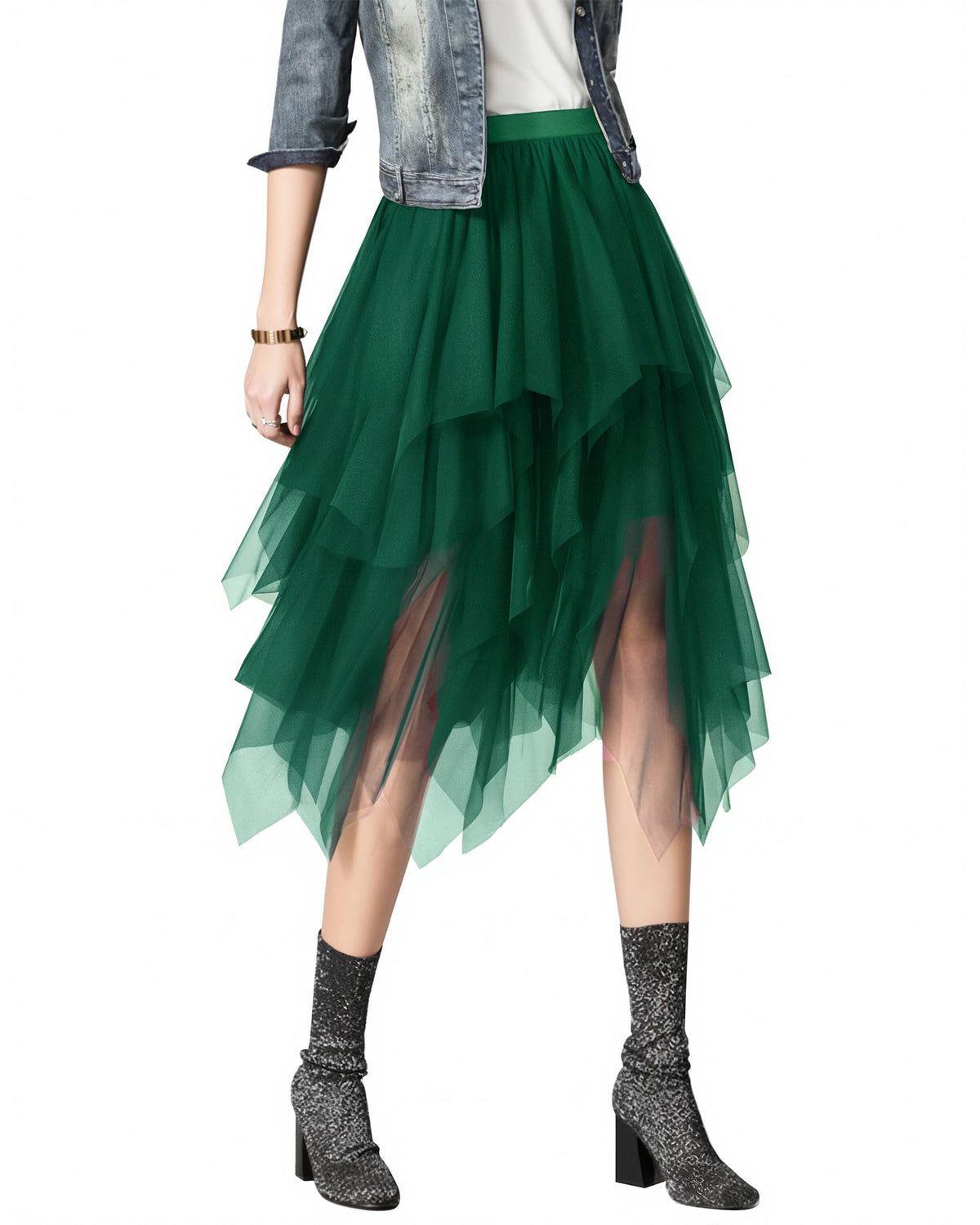 Jogold Womens 3 Layer Tulle Skirt High Waist Asymmetrical Midi Tutu