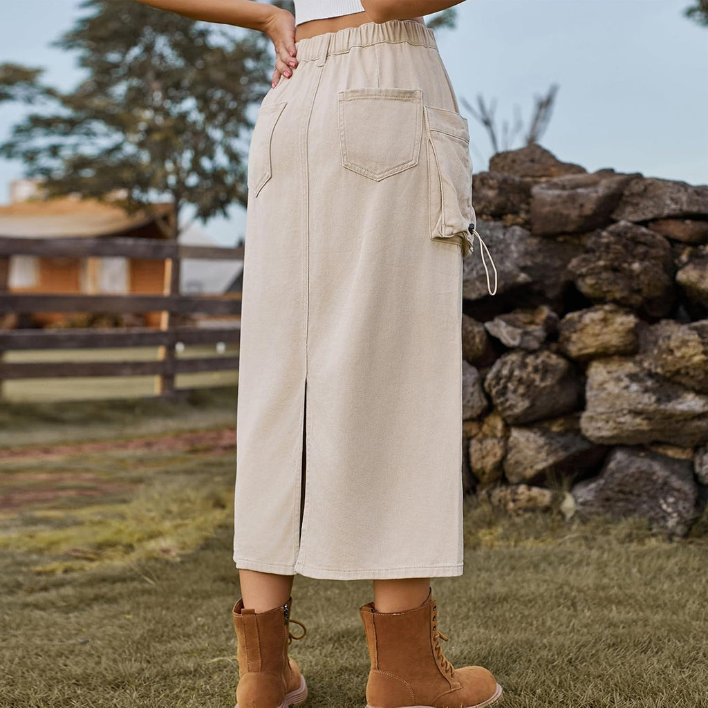 Long Denim Skirts for Women High Waist Back Split A-line Cargo Jean Skirt with Multipockets