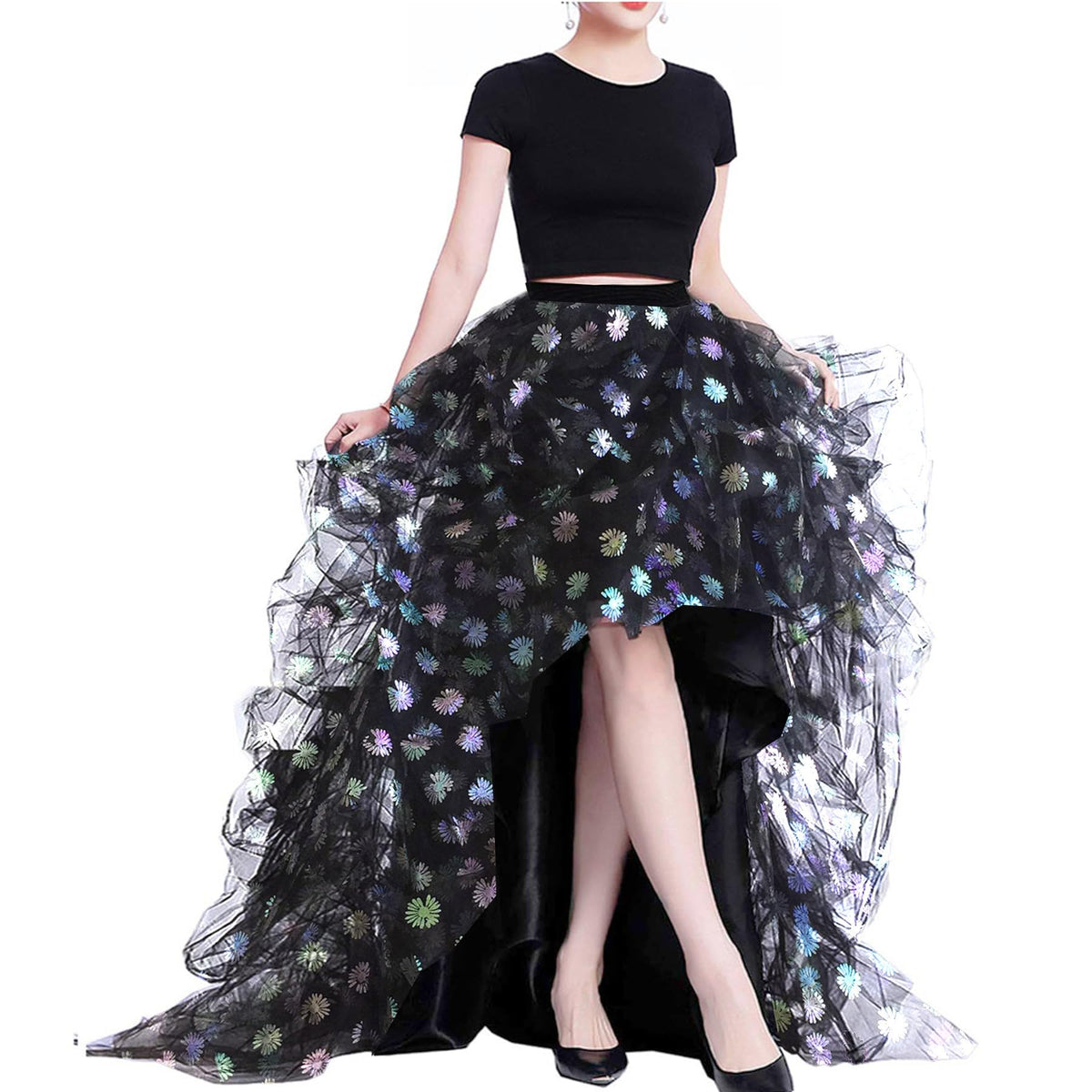 Lisong Women High Waist High Low Layered Tulle Floor Length Spectial Occasion Skirt