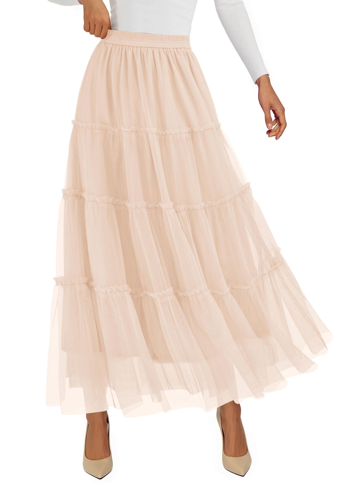 PRETTYGARDEN Women's Fall Soft Tulle Tiered Long Skirt