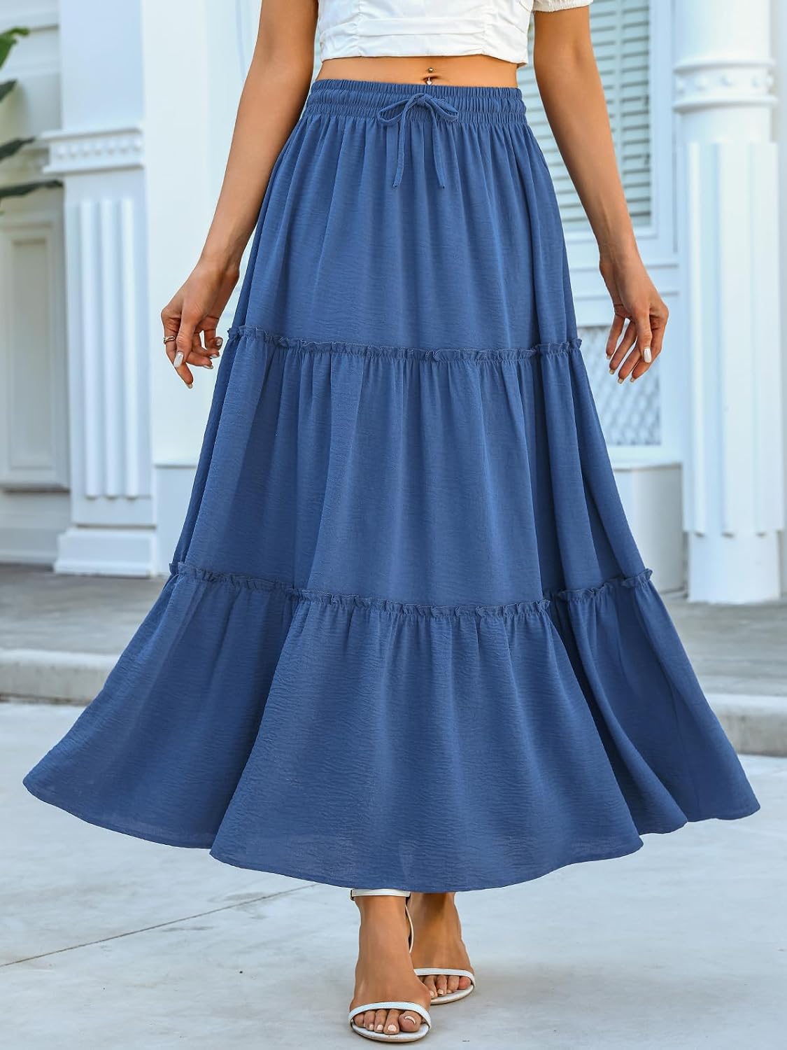 Younrui Maxi Skirts for Women 2026 Casual Elastic High Waist Tie Flowy Tiered Ruffled Long Skirt with Pockets