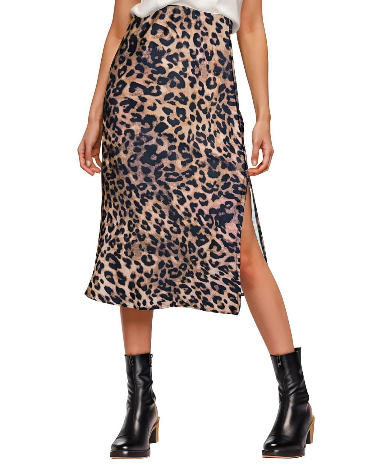 Amy Babe Womens Satin Silk High Waist Slit Midi Skirt Long Skirts for Women