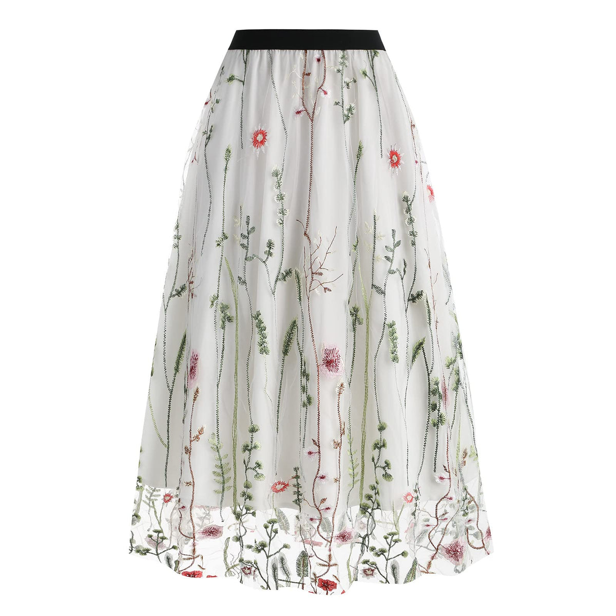 Women Vintage Floral Embroidered Tulle Midi Skirt 50s Party Elastic High Waist A-line Swing Skirts