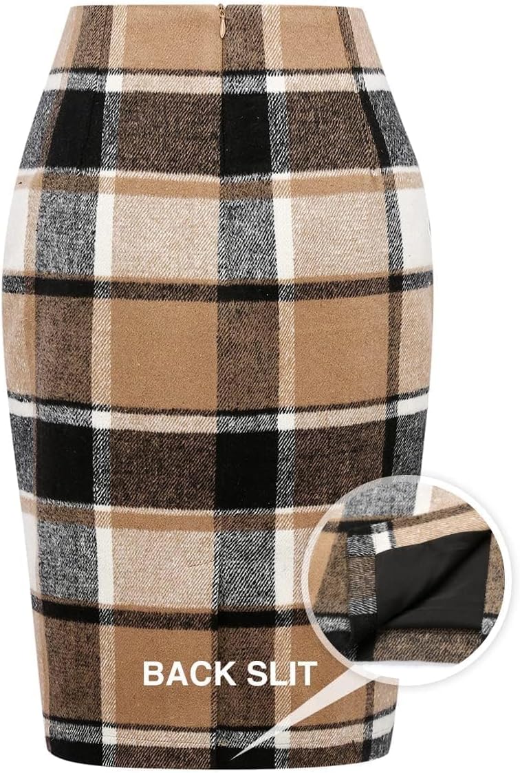 IDEALSANXUN Plaid Skirts for Women Fall Winter Knee Length Pencil Wool Skirt with Slit