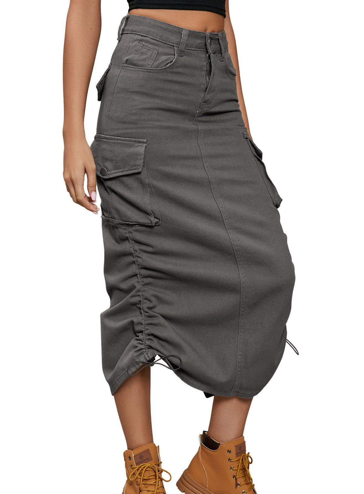 chouyatou Women's Y2K Cargo Skirt Jean Adjustable Casual A-Line Midi Long Denim Skirt