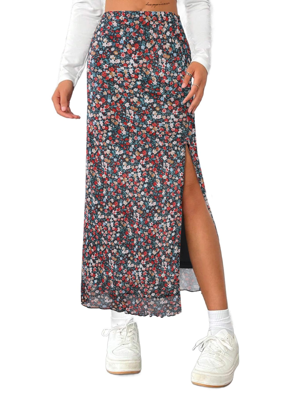 Avanova Women's Mesh Slit Split Long Skirts High Waisted Sexy Summer Maxi Skirts