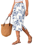 Naggoo Midi Skirts for Women Summer Elastic High Waisted Side Slit Long Skirts