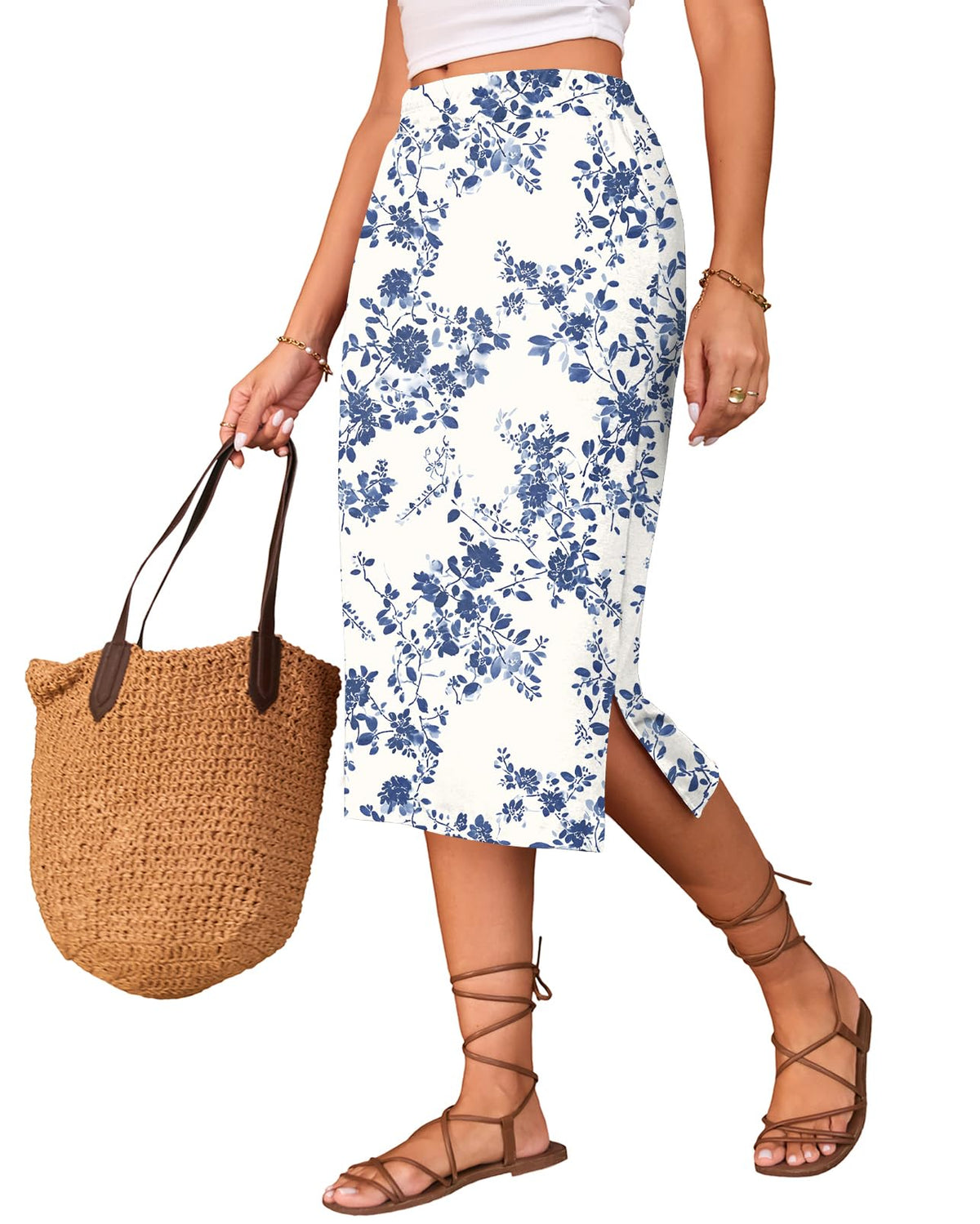Naggoo Midi Skirts for Women Summer Elastic High Waisted Side Slit Long Skirts