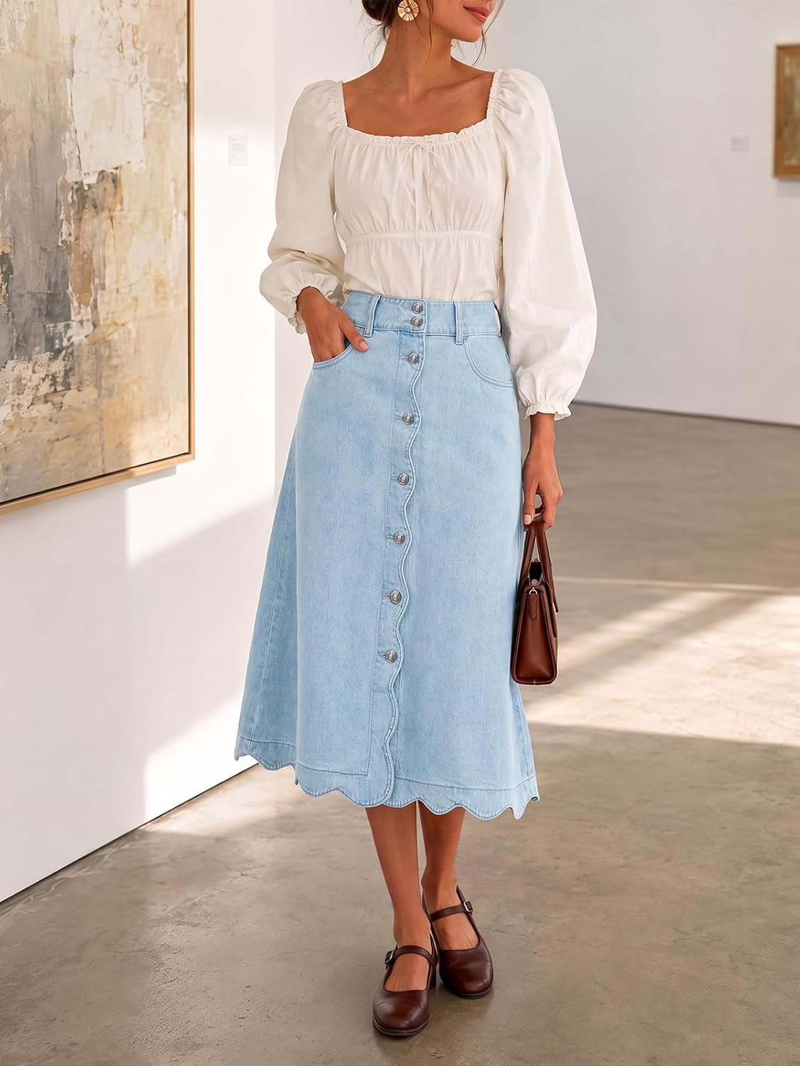 Flowyair Womens Button Down Scalloped Jean Skirt High Waisted Midi Skirts