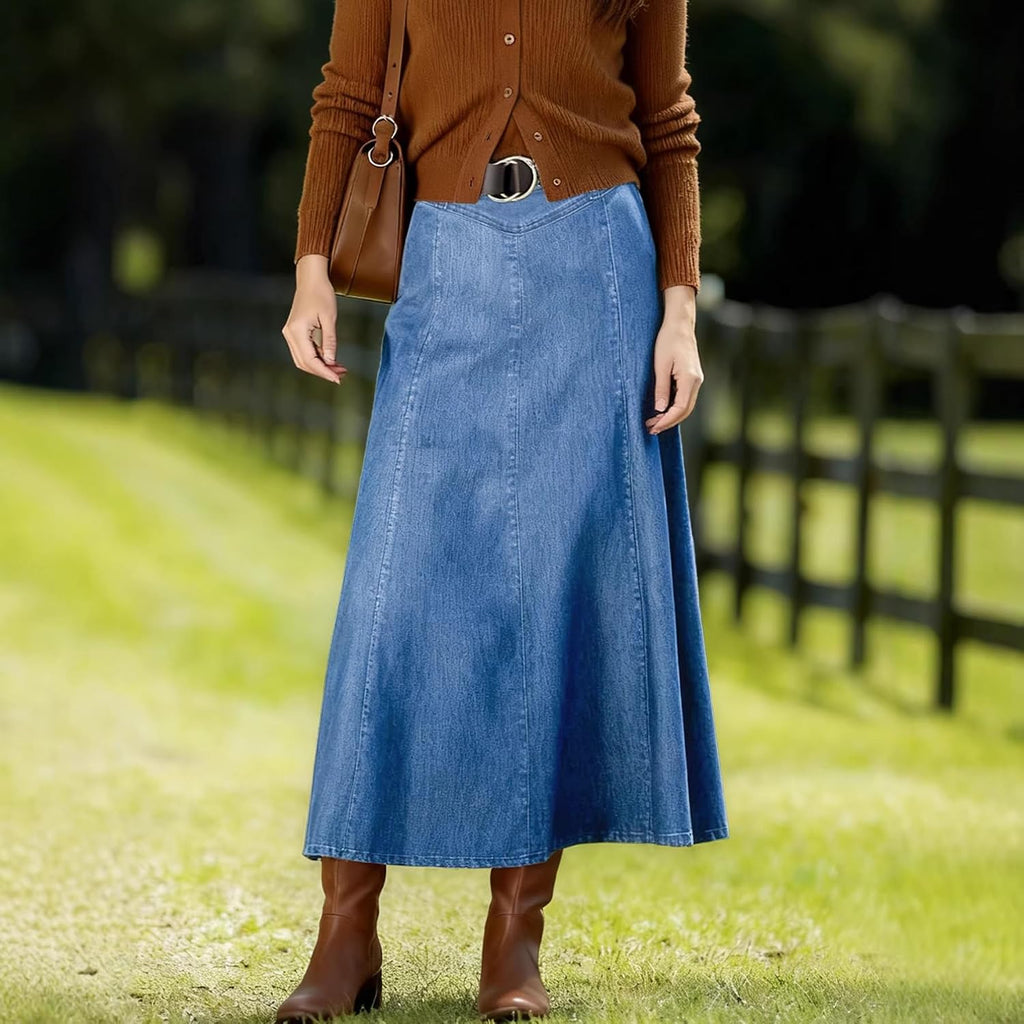 yoeasy Women's Vintage Denim Maxi Skirt Casual High Waist Flowy Swing A-Line Long Jean Skirt