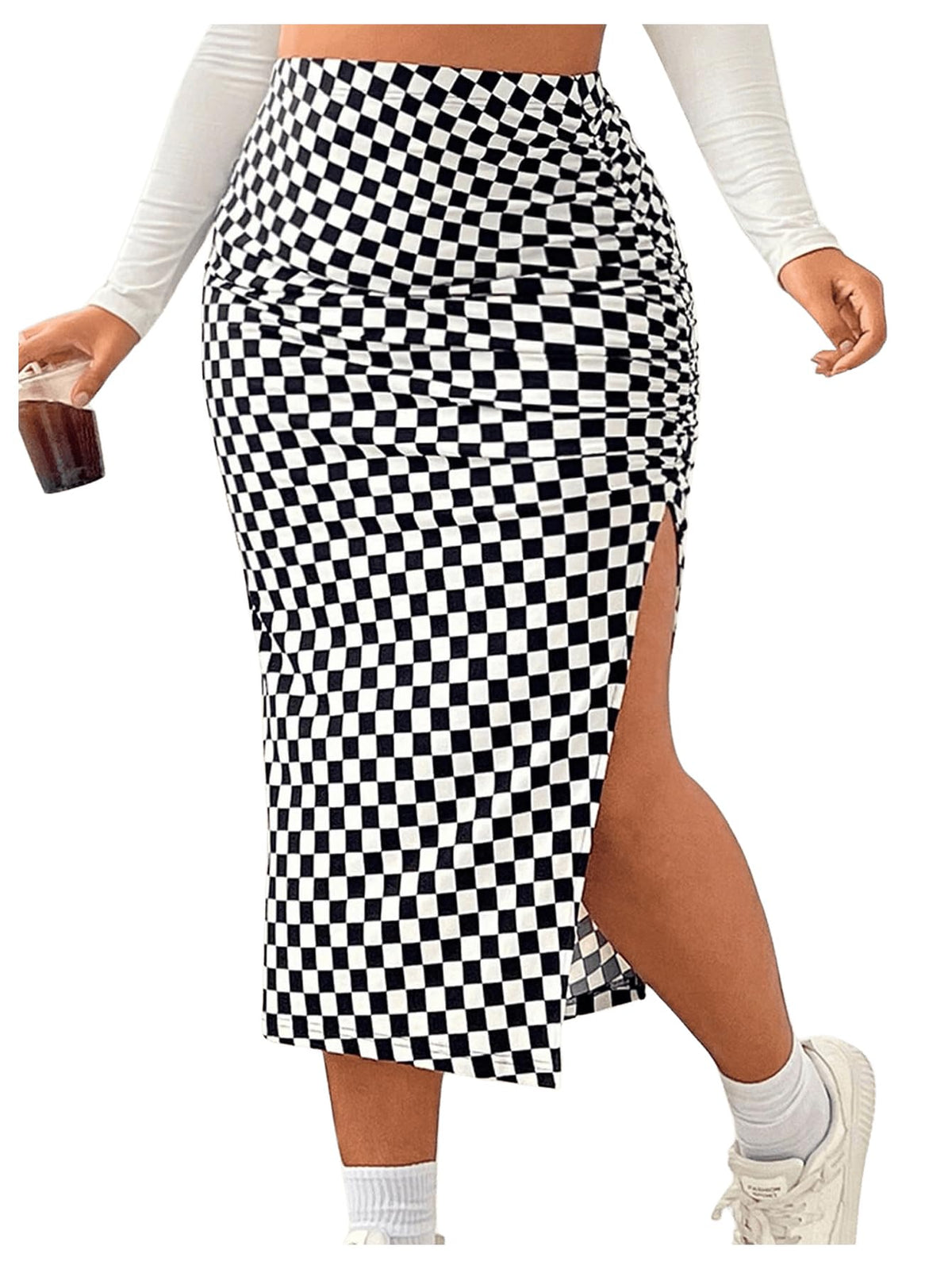 WDIRARA Women's Plus Size Checkered Split Midi High Waist Pencil Skirt