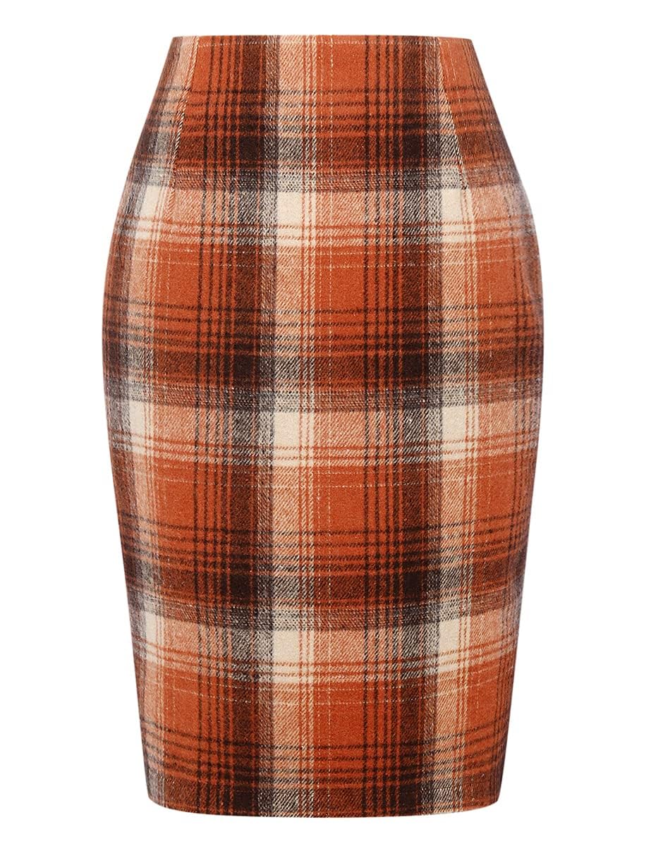IDEALSANXUN Plaid Skirts for Women Fall Winter Knee Length Pencil Wool Skirt with Slit