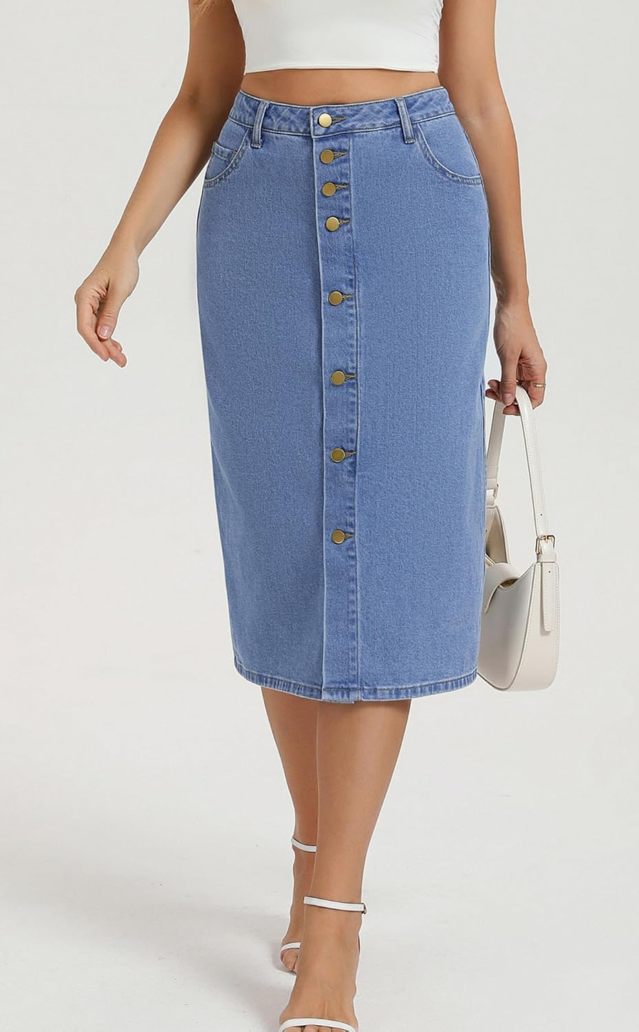 Belle Poque Jean Skirts for Women Denim High Waisted Stretch Below Knee Length Button Front Slit Midi Skirt with Pockets