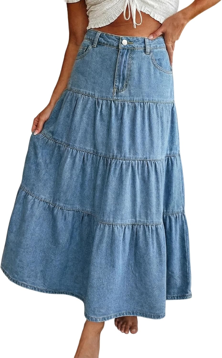 EMMIOL Long Denim Skirt for Women - High Waisted A-Line Jean Maxi Skirts Dark Wash Tiered Swing Jean Skirt with Pockets