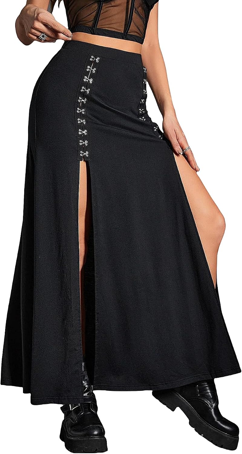 Women's Black Maxi Skirt with Double Side Slit & Hook-Buckles
