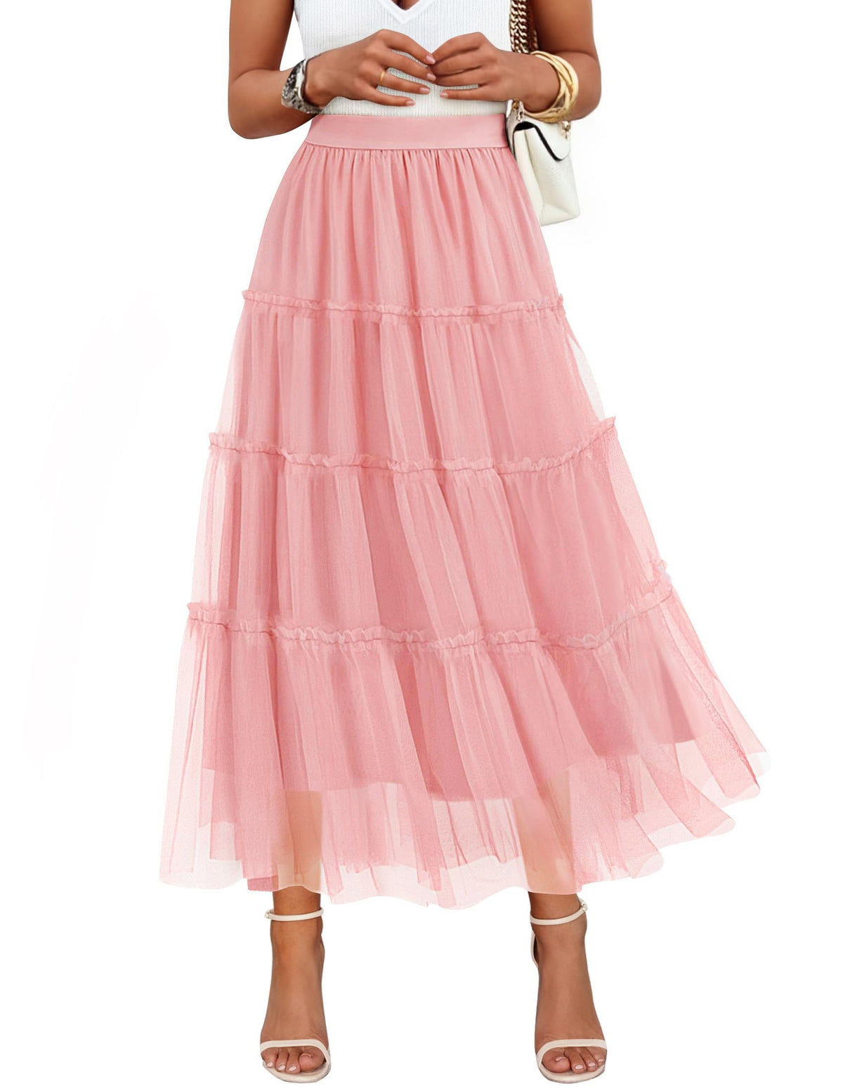 ZESICA Women's Tulle A-Line Flowy Ruffle Tiered Fall Trendy Maxi Skirts