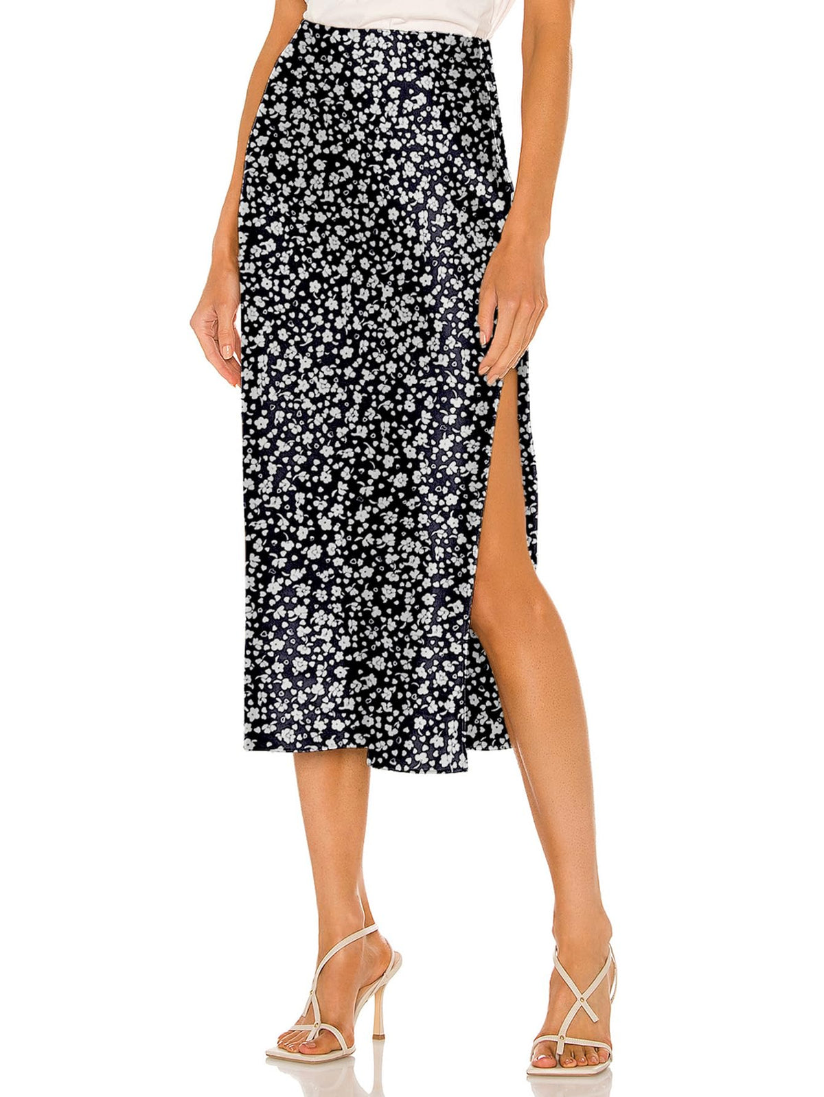 Womens Satin Silk High Waist Slit Midi Skirt Elastic Waistband Midi Skirts for Women