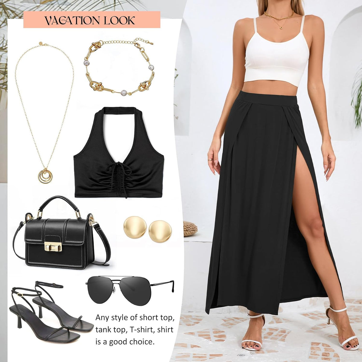 Zando Women's Sexy Double High Slit Maxi Skirt with High Elastic Waist
