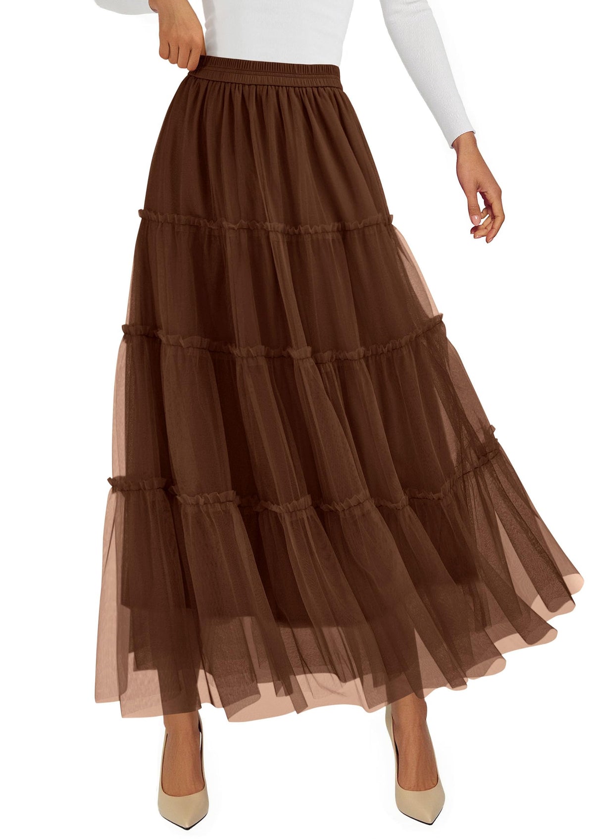 PRETTYGARDEN Women's Fall Soft Tulle Tiered Long Skirt