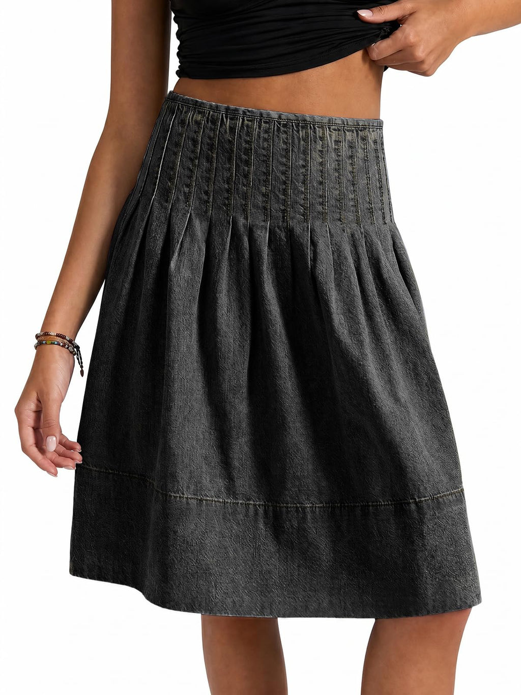 Flowyair Womens Pleated Denim Midi Skirts High Waisted Casual A-Line Knee Length Jean Skirt