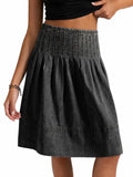 Flowyair Womens Pleated Denim Midi Skirts High Waisted Casual A-Line Knee Length Jean Skirt
