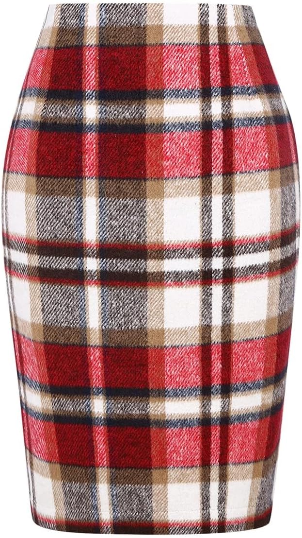 IDEALSANXUN Plaid Skirts for Women Fall Winter Knee Length Pencil Wool Skirt with Slit