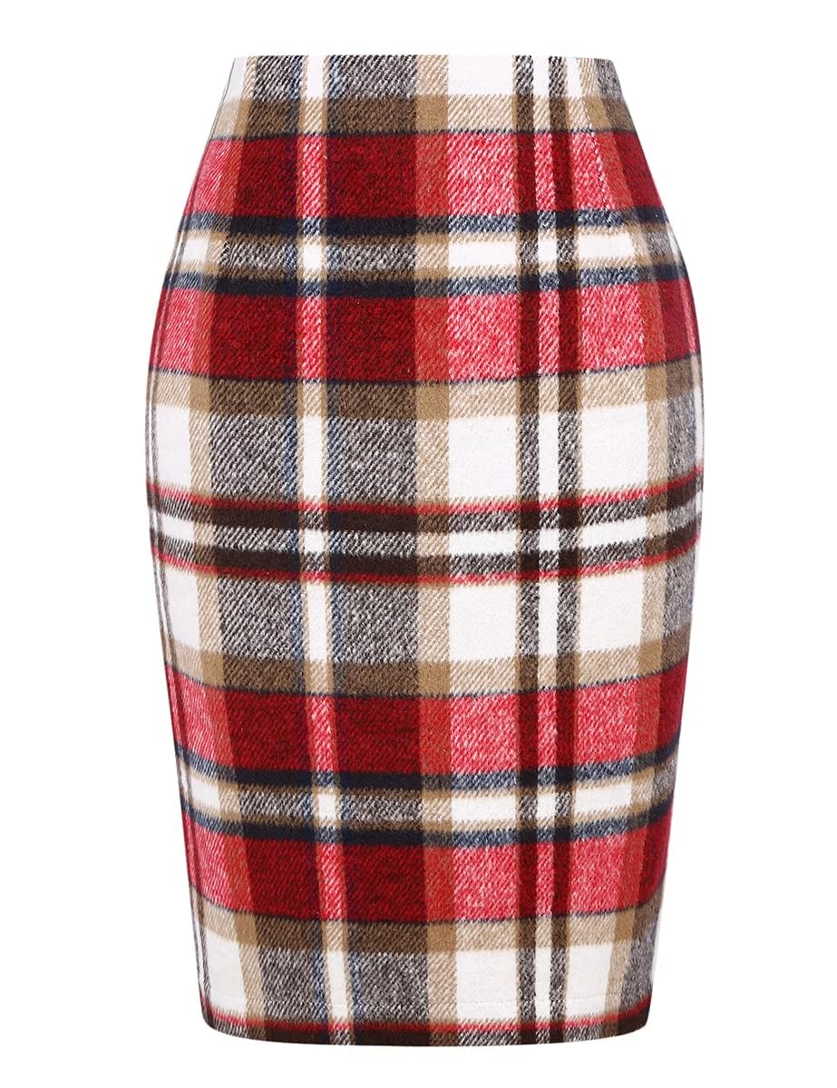 IDEALSANXUN Plaid Skirts for Women Fall Winter Knee Length Pencil Wool Skirt with Slit