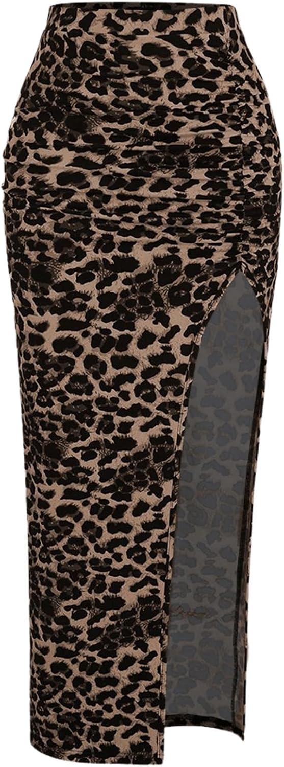 BEAUDRM Women's Leopard Print Slit Split Maxi Skirt Ruched Y2K Long Skirts