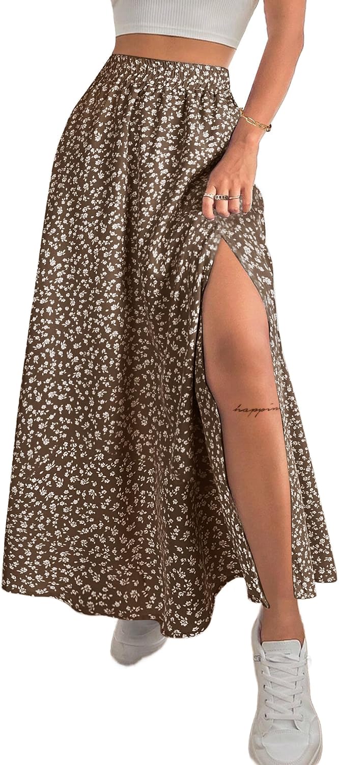 Avanova Women Boho Floral Slit Maxi Skirt Split Thigh High Waisted Long Skirts