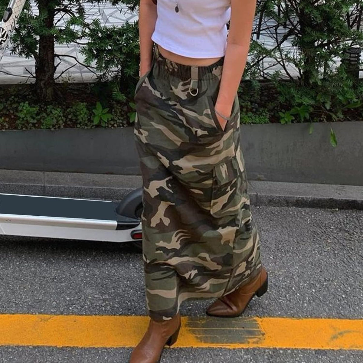 Womens Summer Camo Skirt Casual Elastic High Waist Cargo Long Skirt