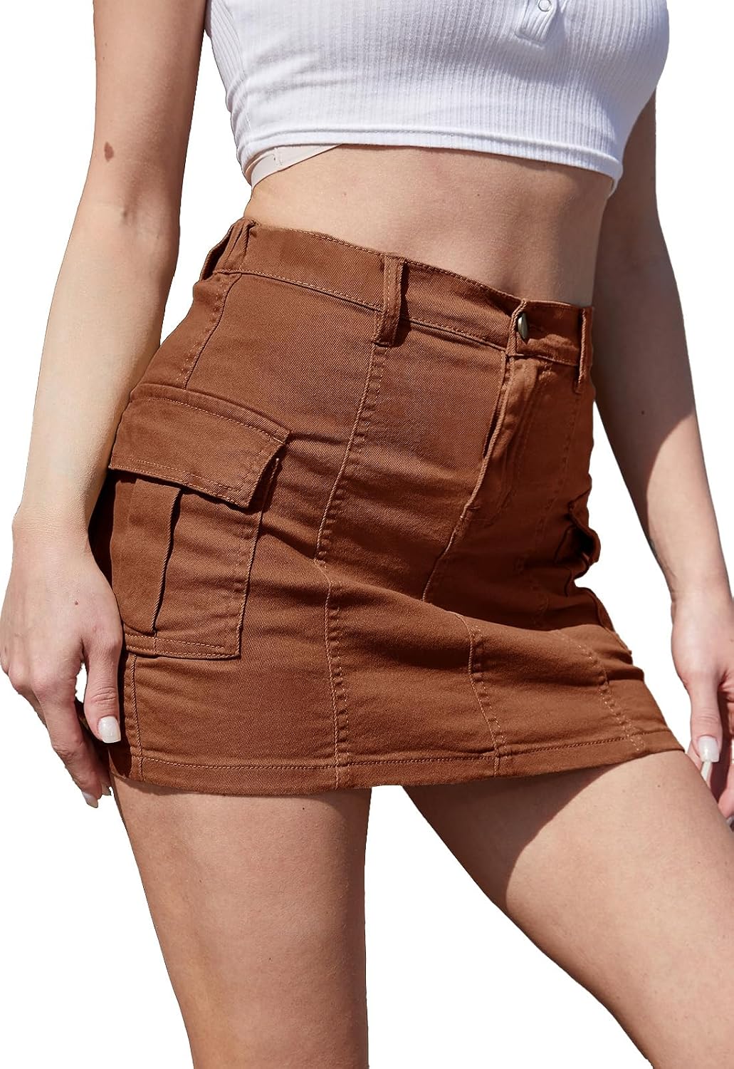 HERBATOMIA Women’s Cargo Mini Skirt Y2k Bodycon Button Stretchy Low Waist Solid Sexy Short Skirts for Women with Flap Pocket