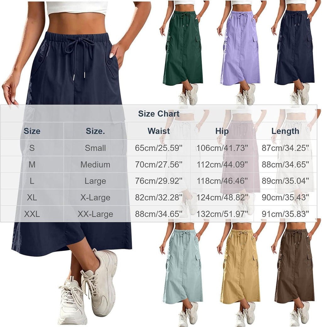 Womens Cargo Skirt High Waisted Drawstring Quick Dry Maxi Skirt Trendy Back Slit A Line Long Skirts Summer Skirts