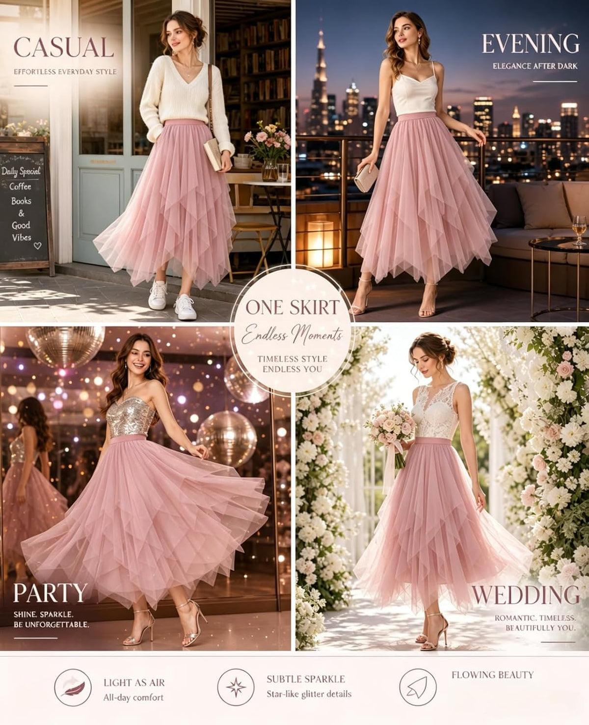 Women's Tulle Skirt High Low Layered A-Line Midi Fairy Skirt - Midi Length Irregular Tutu Skirt for Party 80s Outfit