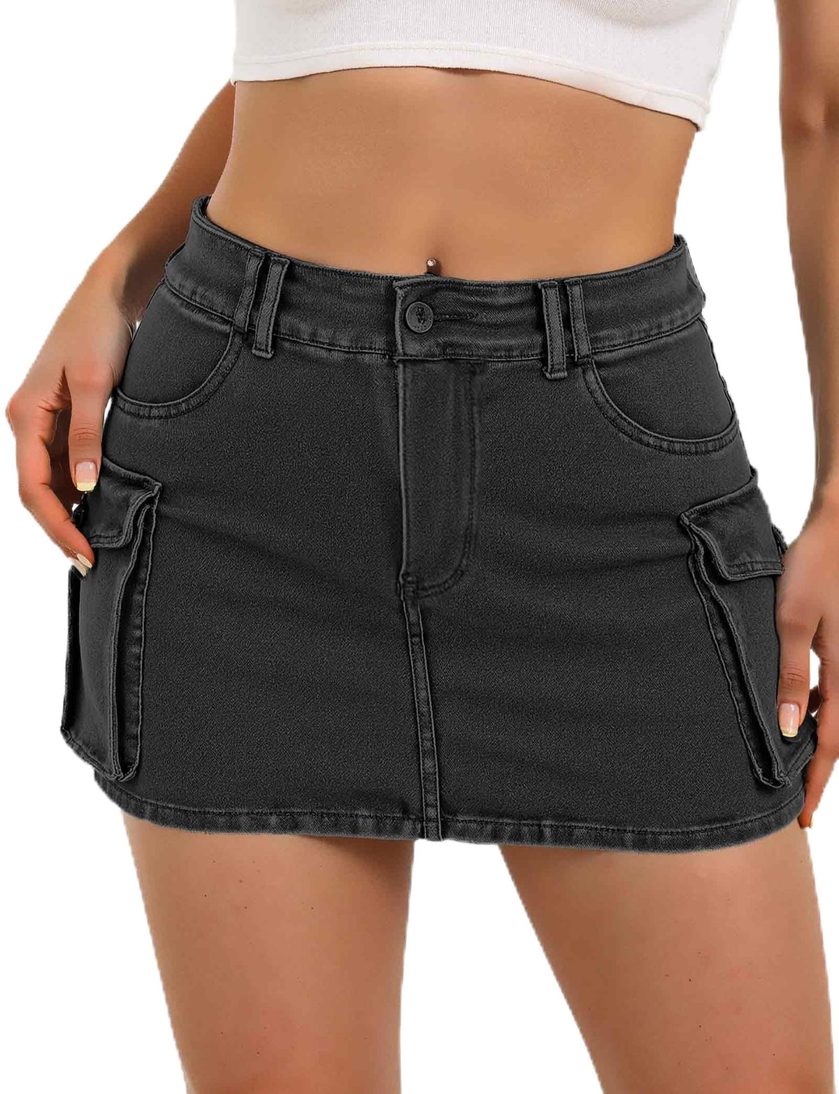 Buauty Women Denim Cargo Skirt Y2K, Mini Low Waist Jean Skirts Bodycon Flap Pockets 2026 Trendy Short