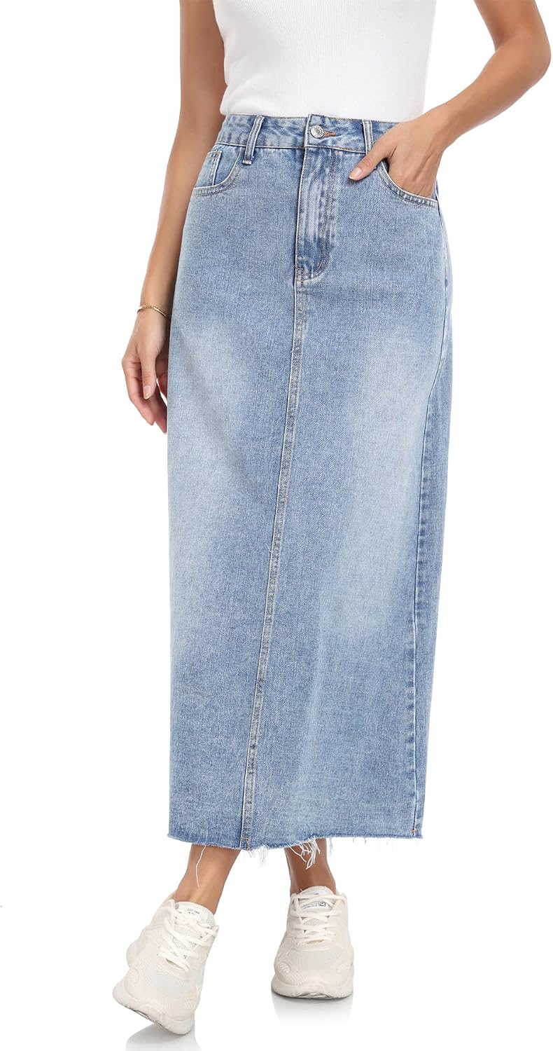 MISS MOLY Women's Jean Skirt Stretch High Waisted Frayed Raw Hem A Line Denim Midi Skirt with Pockets